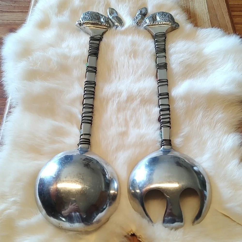 Pewter Salad/Serving Spoons Bunnies Easter Multi Color Stones High Quality.